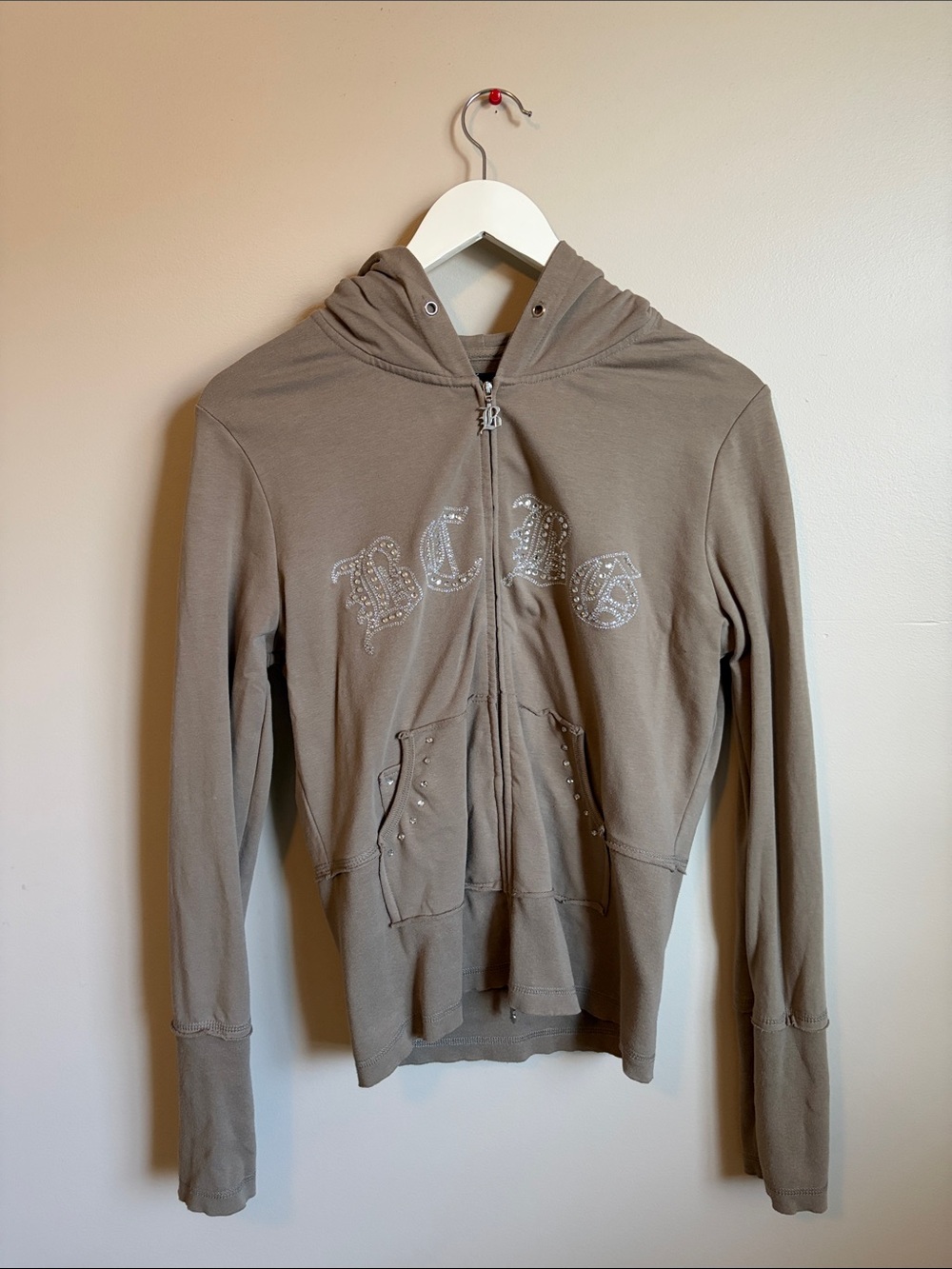 BCBG Taupe/Brown Rhinestone Logo Zip-Up Hoodie
